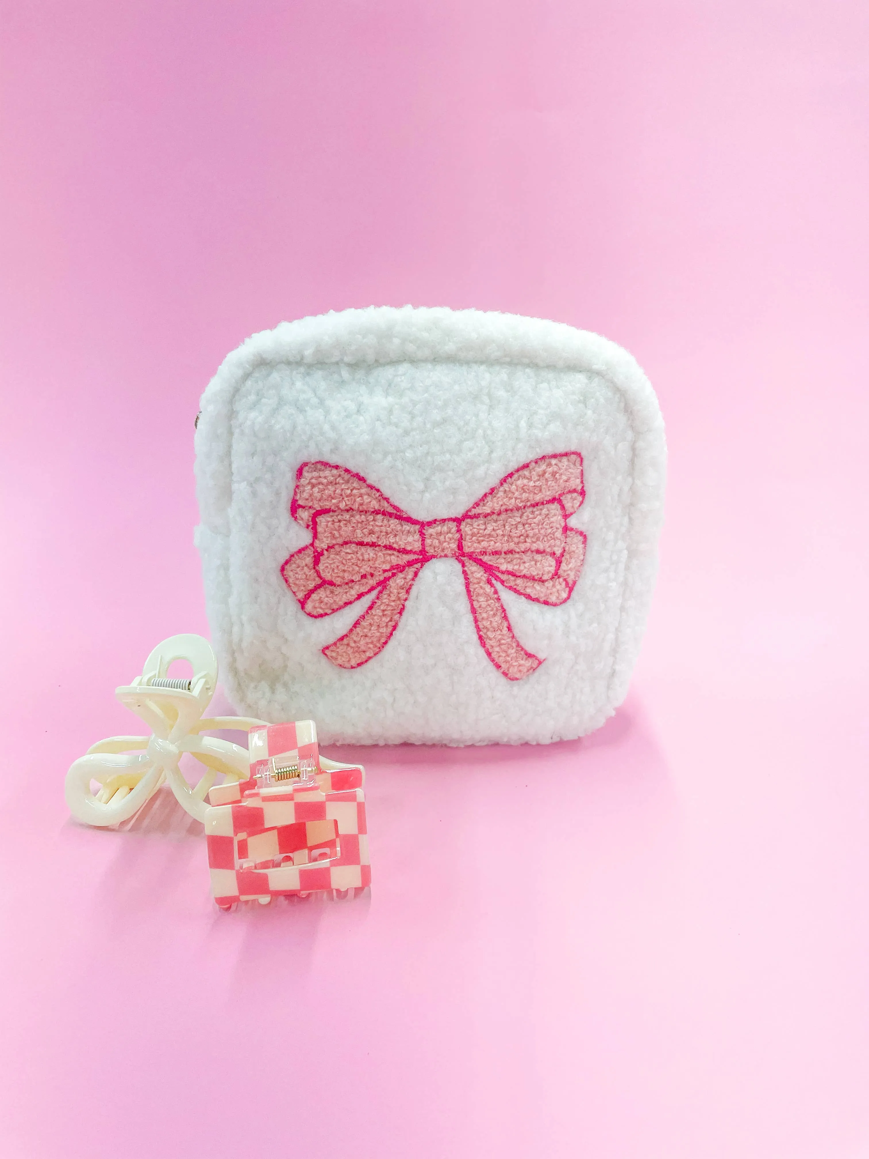 Pink Bow Teddy Cosmetic Zipper Bag - Small