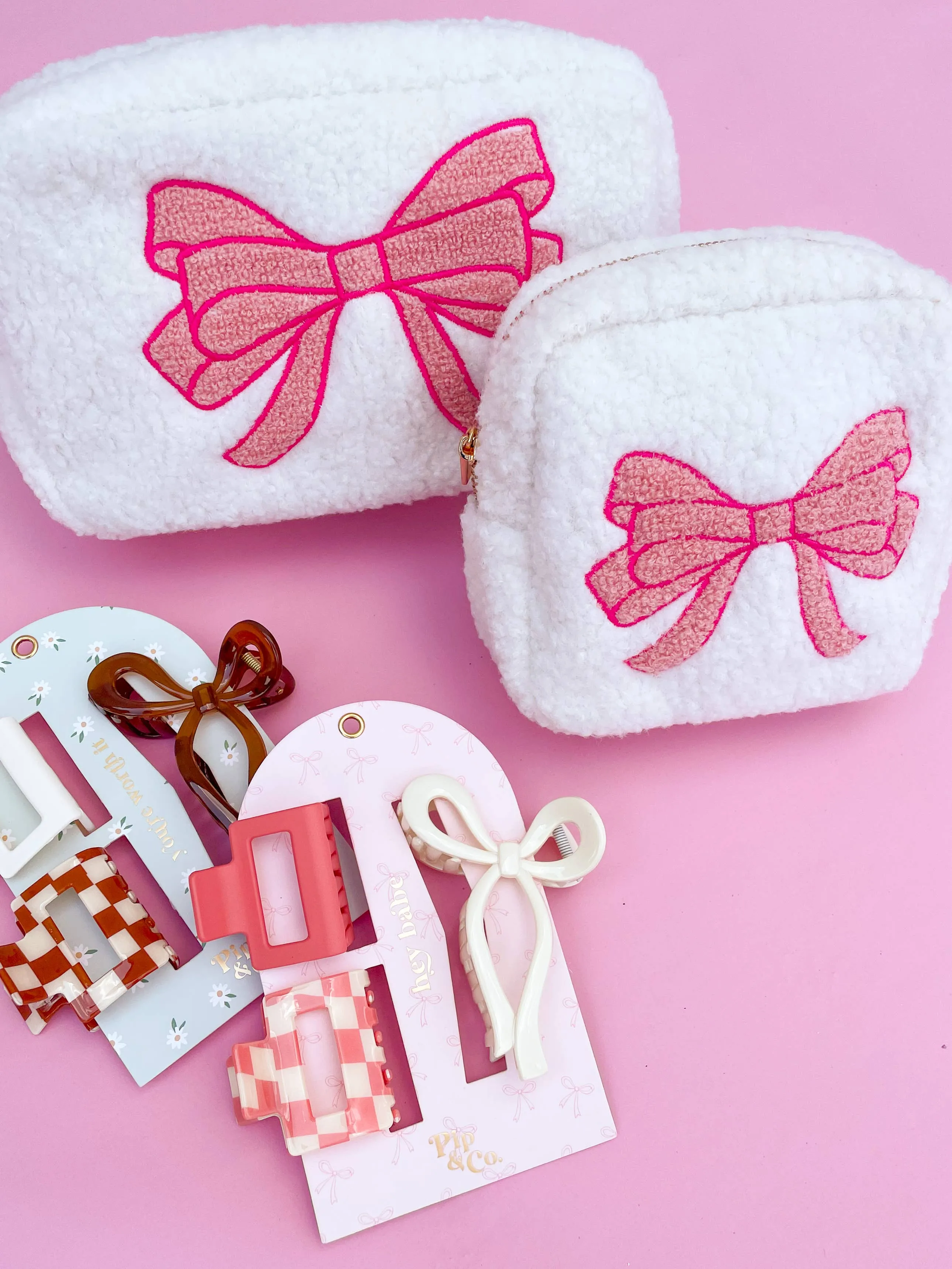 Pink Bow Teddy Cosmetic Zipper Bag - Small