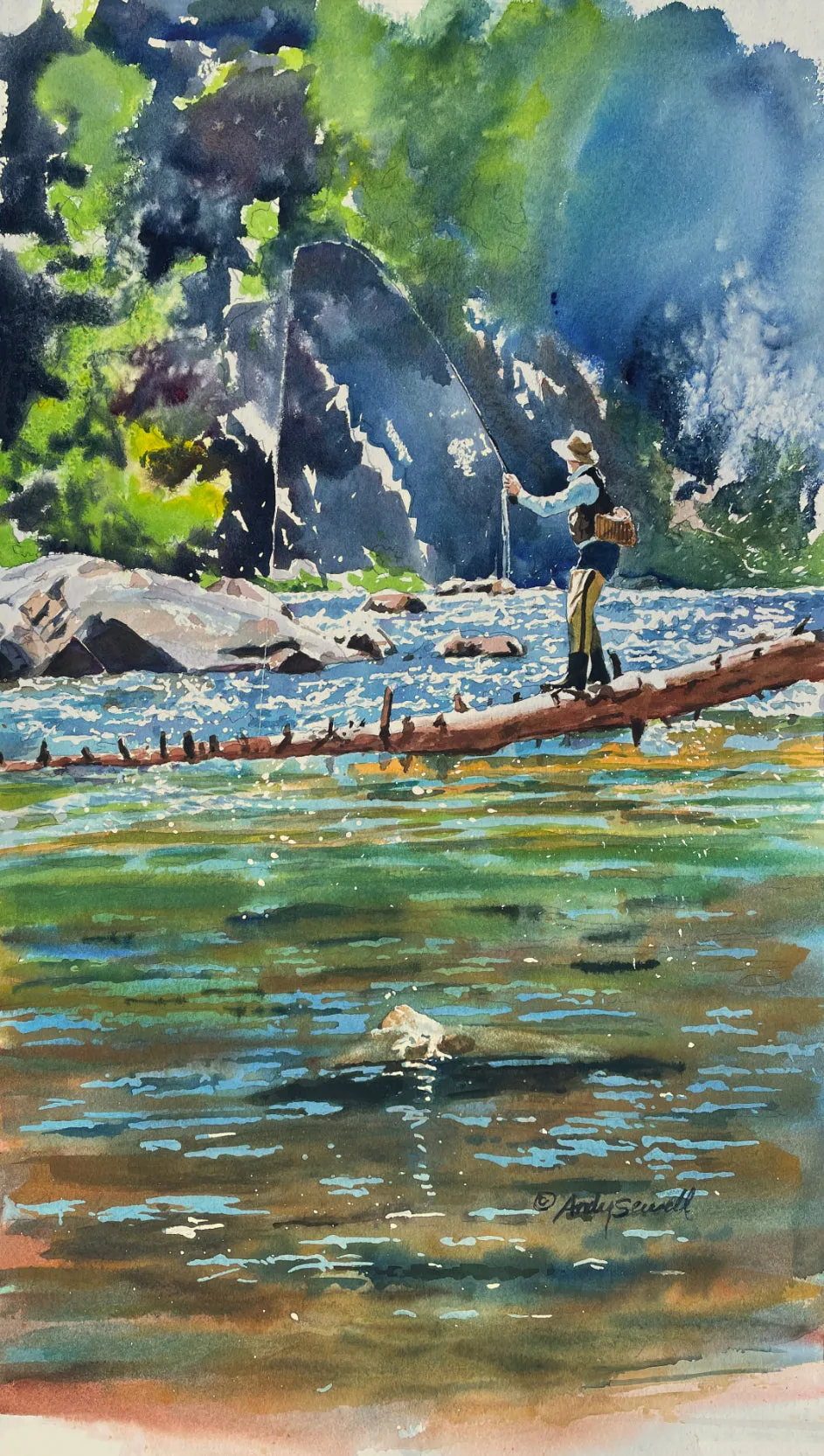 "Fishing on the Log" 12x21  Giclée reprod. from watercolor