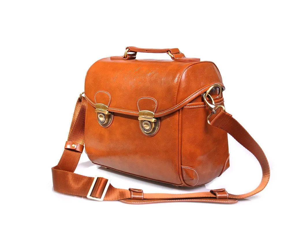 Retro DSLR Leather Shoulder Bag with Detatchable Strap - Light Brown