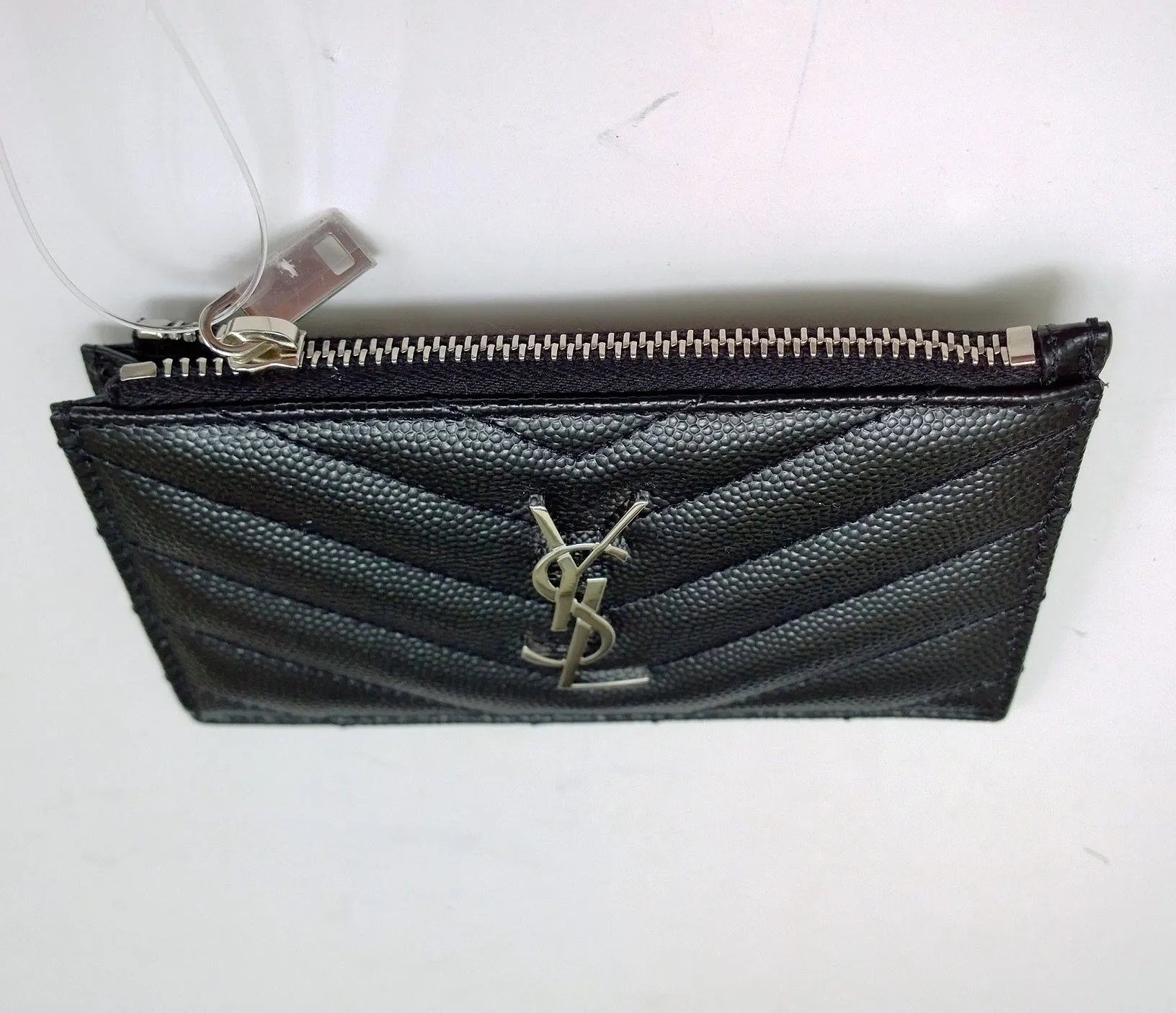 Saint Laurent Monogram YSL Zip Fragments Card Case Zipper Wallet Black with Silver