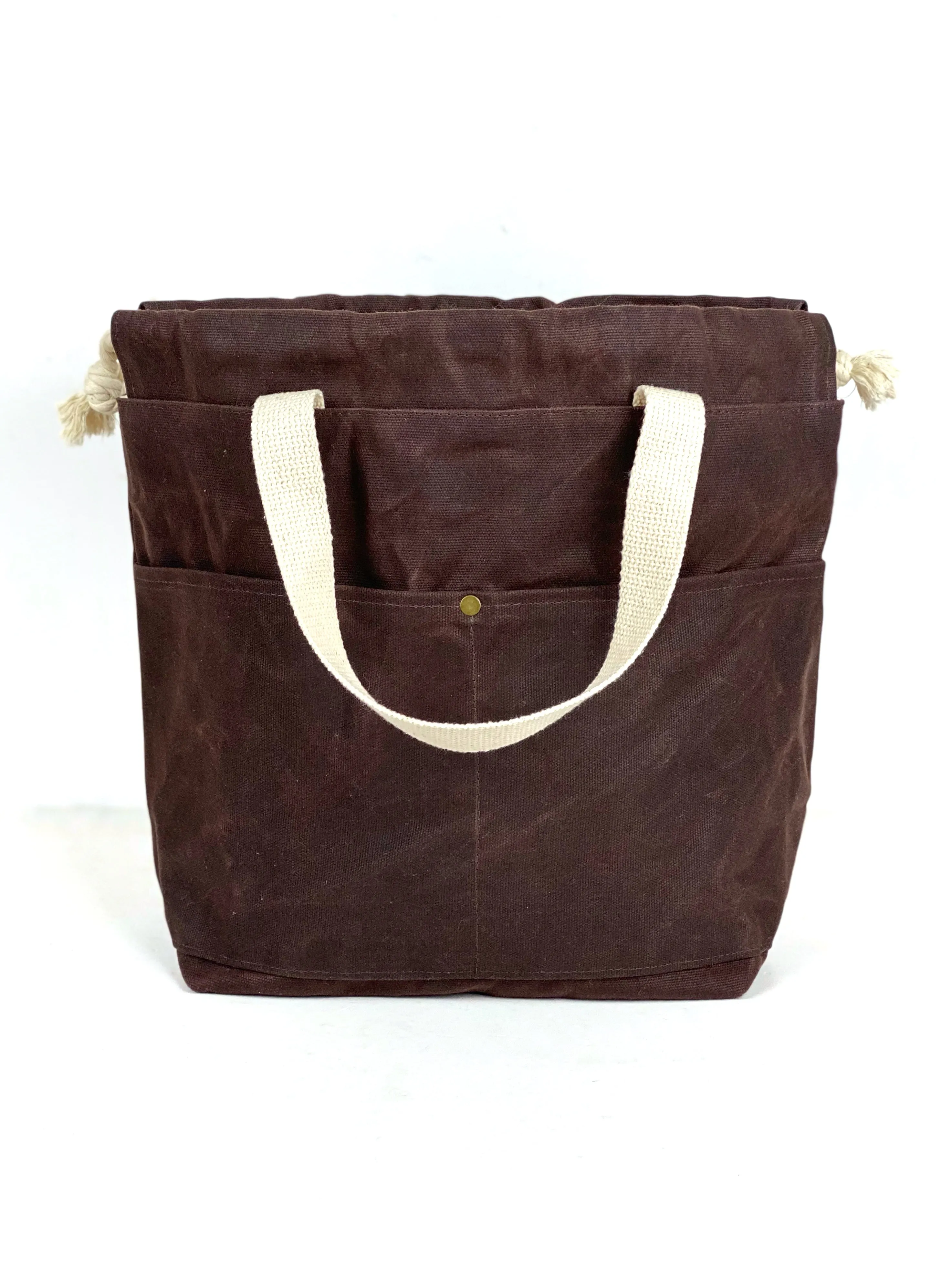 Solid Color Waxed Canvas Project Bag Knit or Crochet Drawstring Tote Strap Flat Bottom