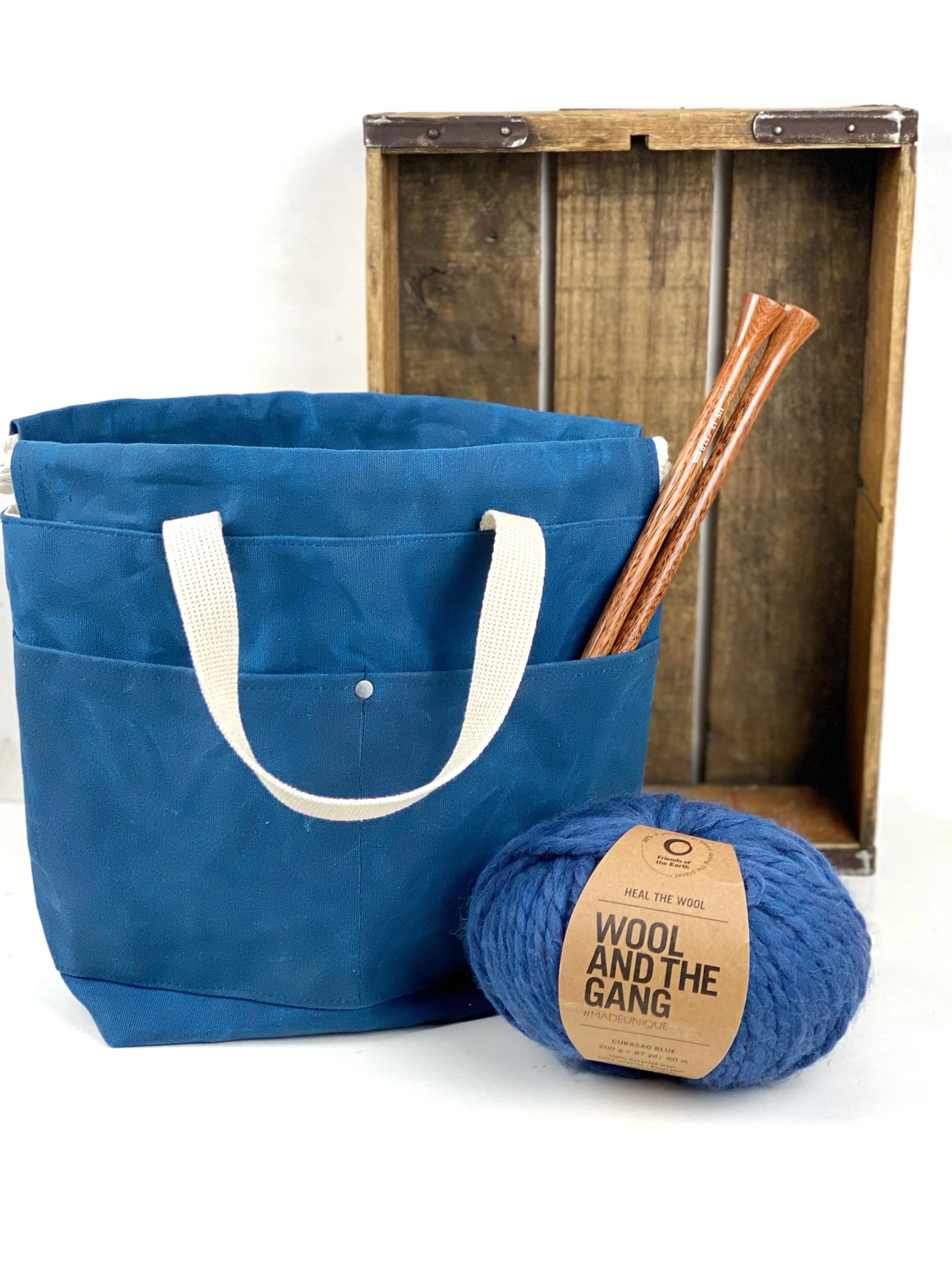 Solid Color Waxed Canvas Project Bag Knit or Crochet Drawstring Tote Strap Flat Bottom