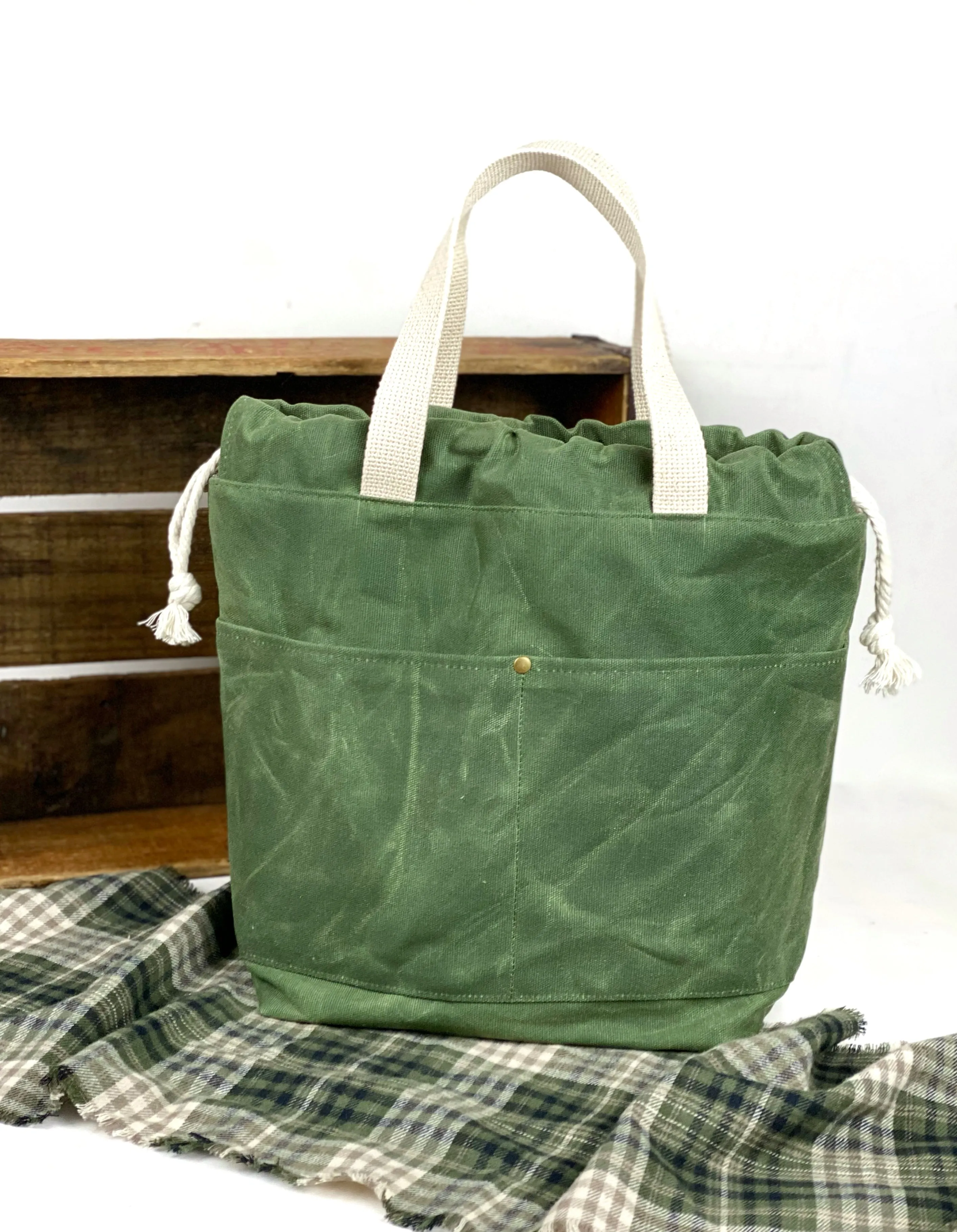 Solid Color Waxed Canvas Project Bag Knit or Crochet Drawstring Tote Strap Flat Bottom