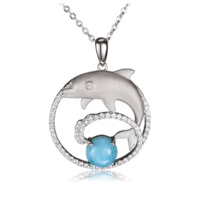 Sterling Silver Diving Dolphin Larimar Bead in Pave CZ Circle Pendant (Chain Sold Separately)