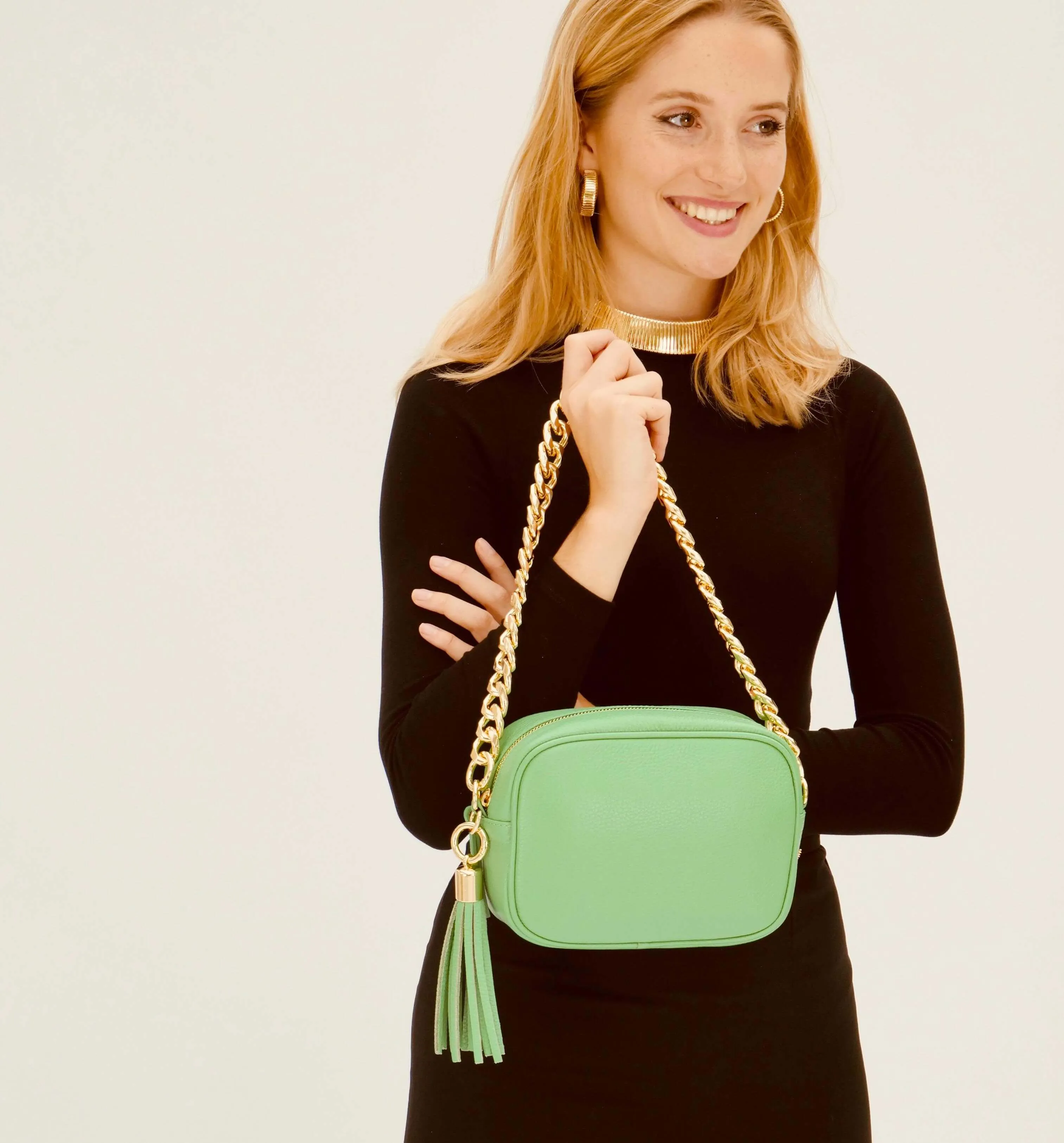 The Tassel Bottega Green Leather Crossbody Bag With Gold Chain Strap