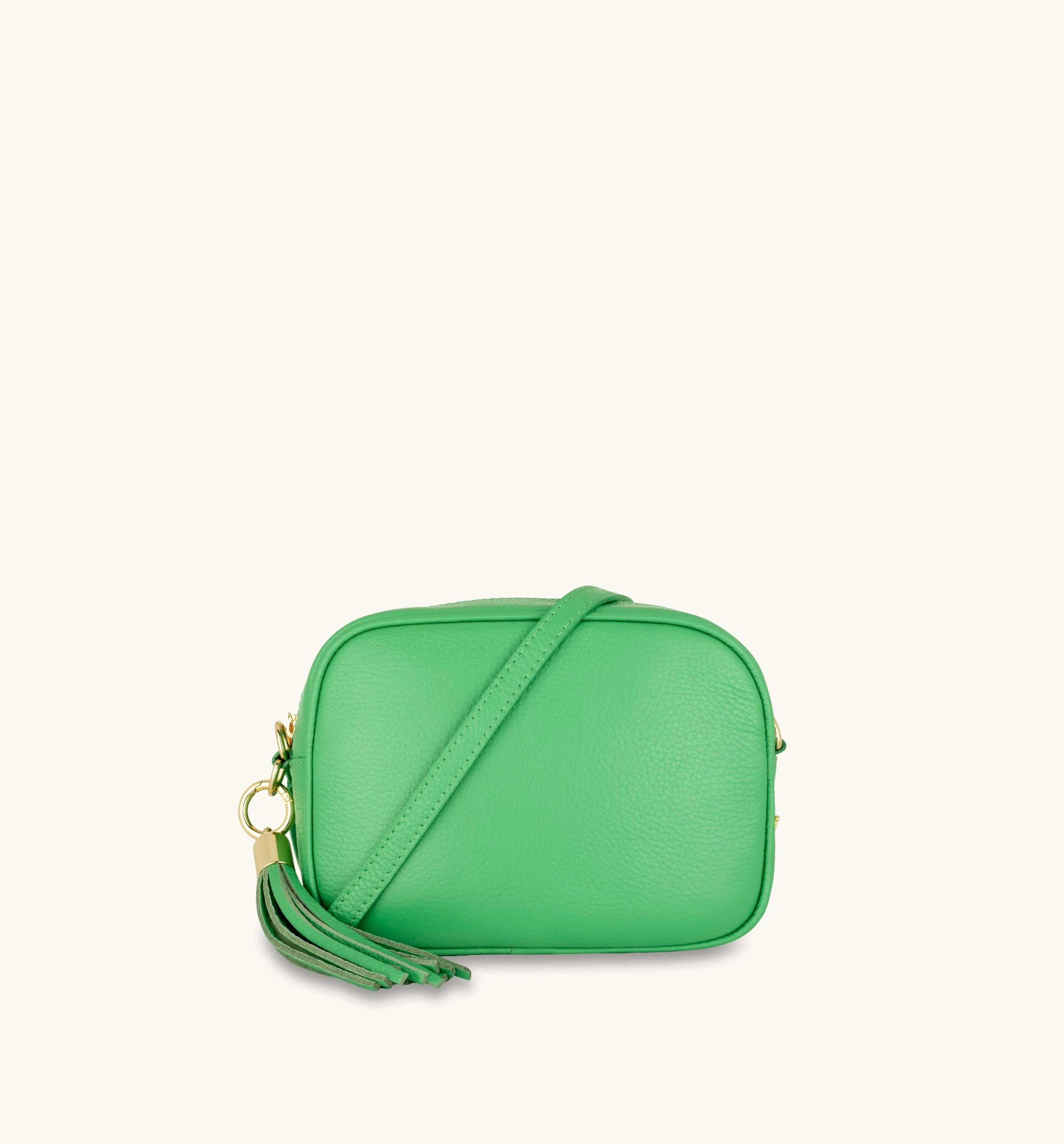 The Tassel Bottega Green Leather Crossbody Bag With Gold Chain Strap