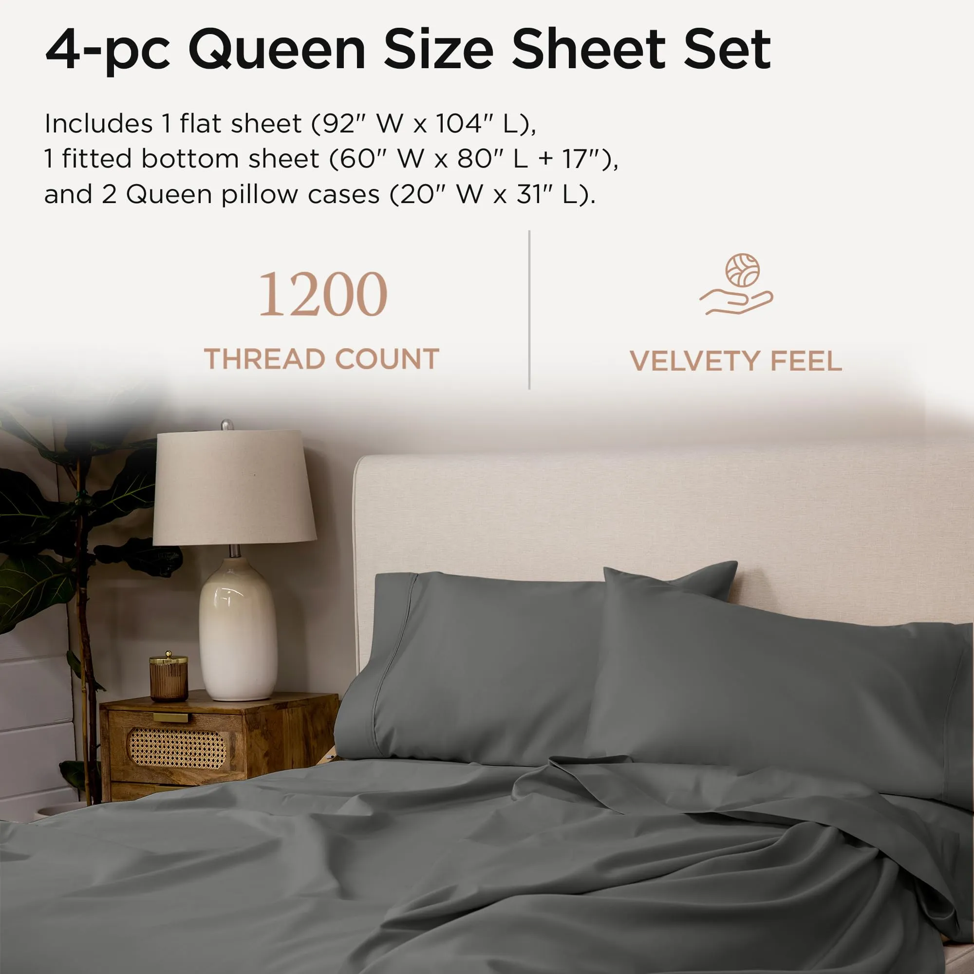 Threadmill Luxury 100% Supima Cotton Sheets, Luxury 1200 Thread Count Cotton Sheets for Queen Size Bed, 4 Pc Dark Grey Bed Sheets Queen Set, 5-Star Hotel Quality Elasticized Deep Pocket Bed Sheets Set