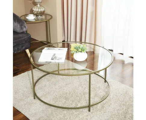 VASAGLE Round Coffee Table Glass Table with Steel Frame Gold LGT21G