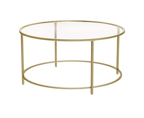 VASAGLE Round Coffee Table Glass Table with Steel Frame Gold LGT21G