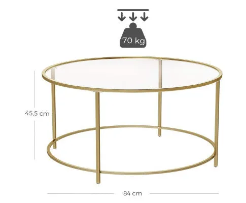 VASAGLE Round Coffee Table Glass Table with Steel Frame Gold LGT21G