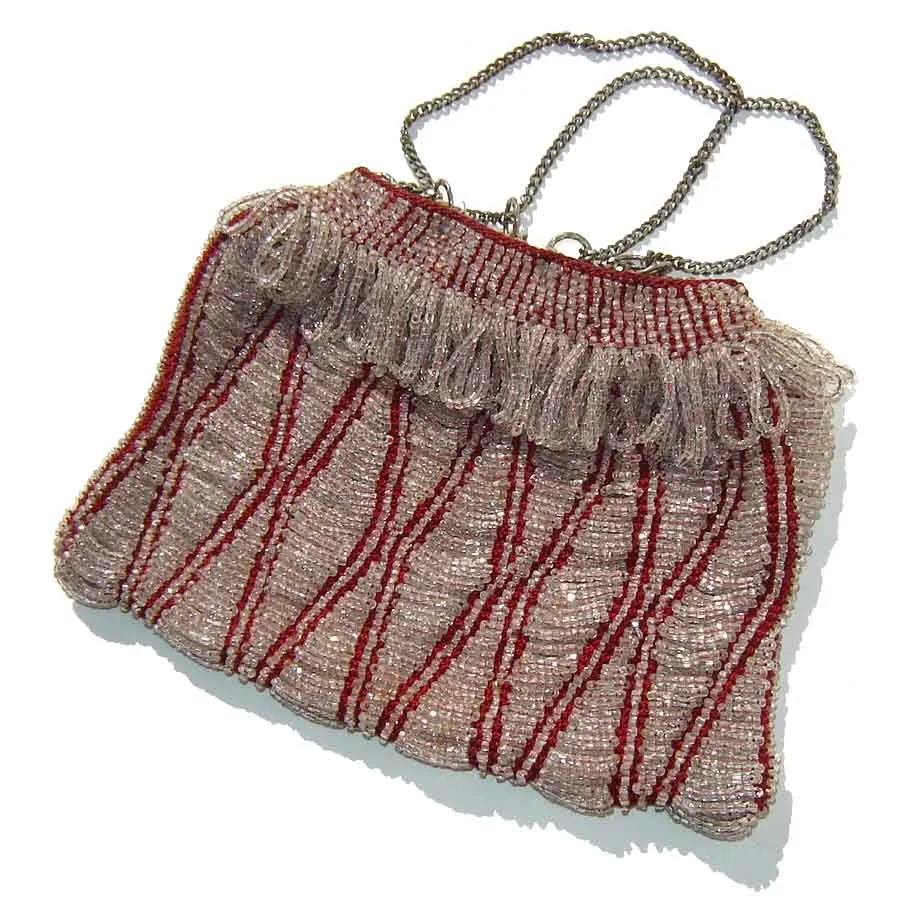 Vintage 20s Flapper Bag Beaded Reticule Red & Crystal Beaded Swag Purse