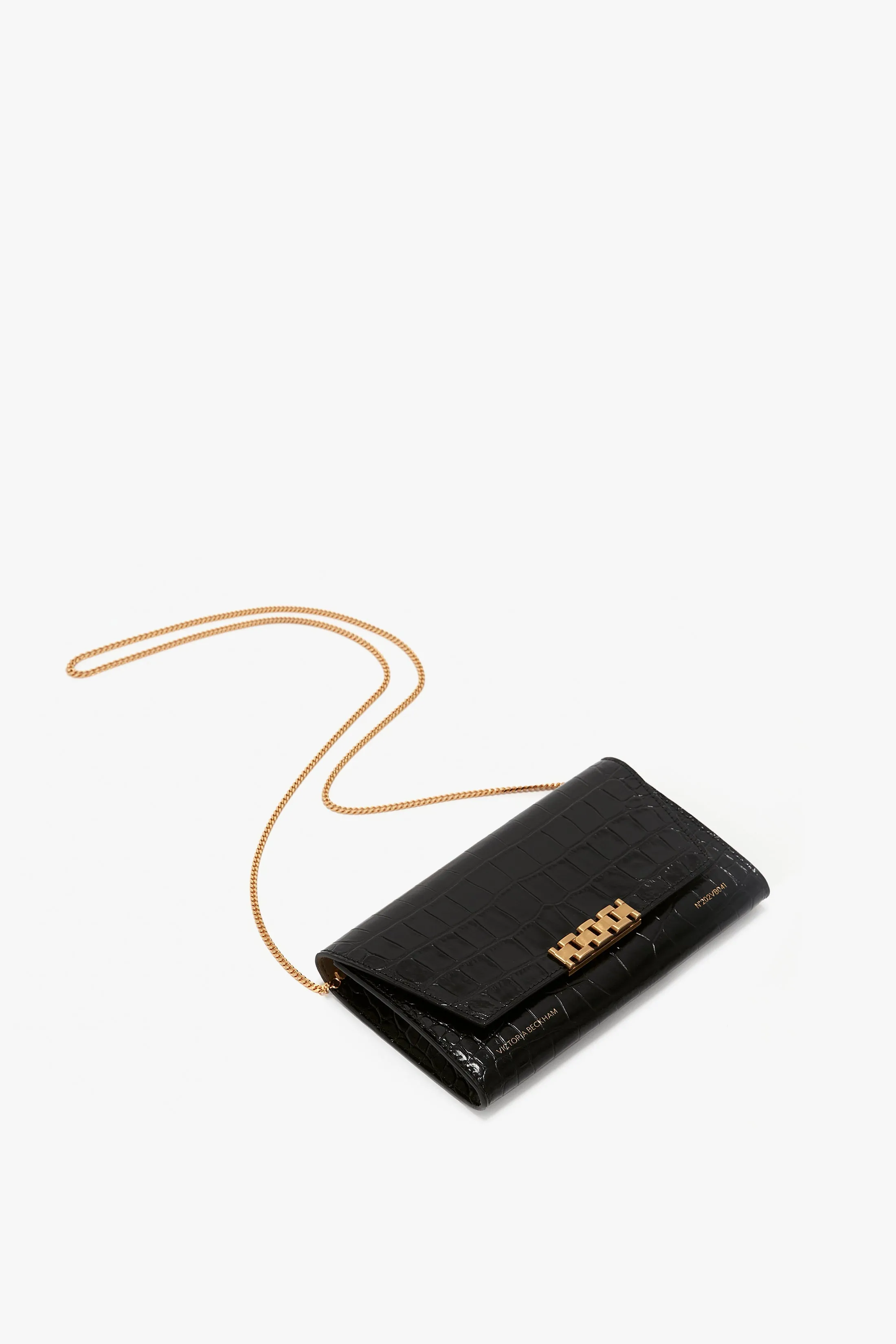 Wallet On Chain In Black Croc Embossed Leather