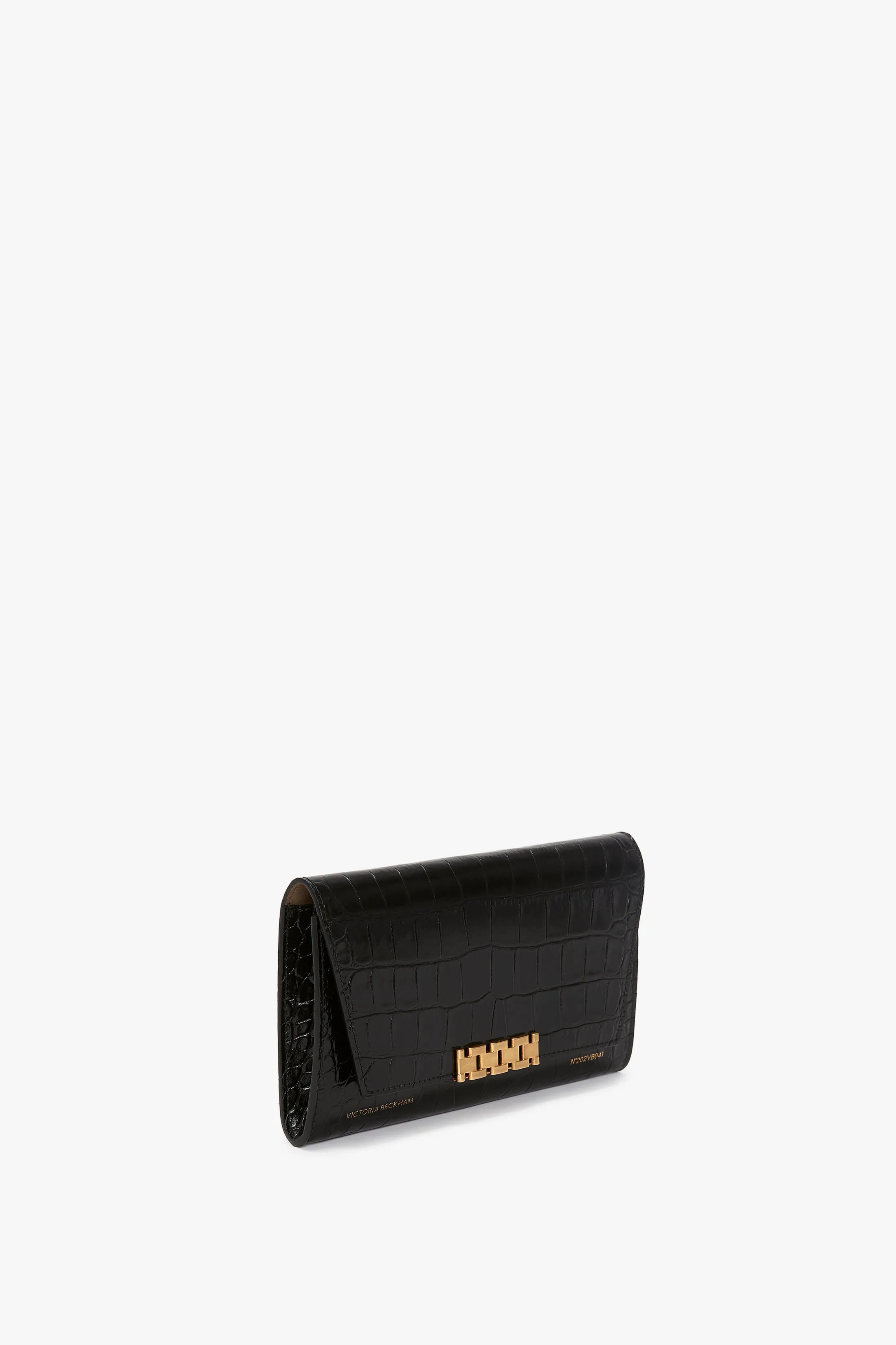 Wallet On Chain In Black Croc Embossed Leather