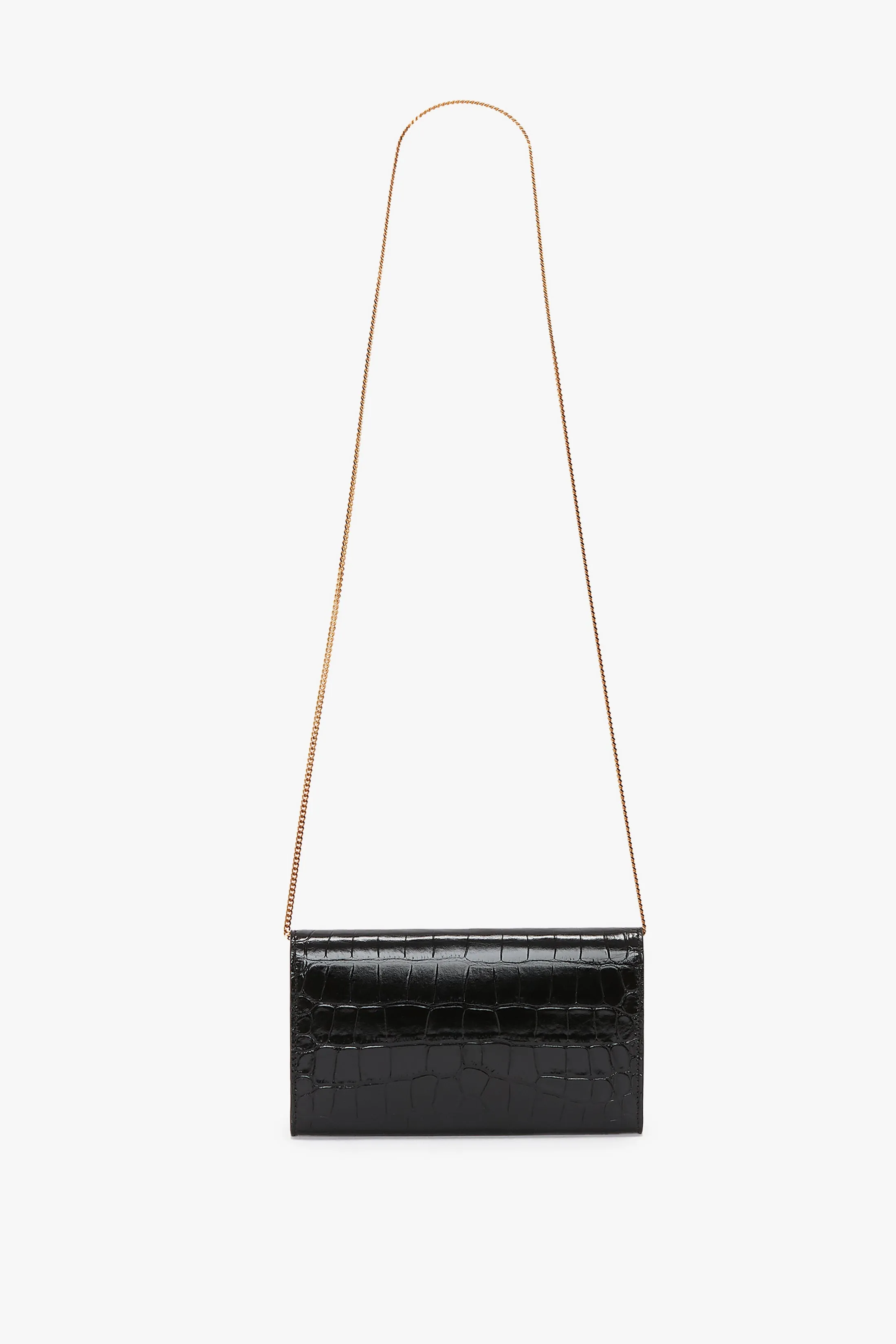 Wallet On Chain In Black Croc Embossed Leather