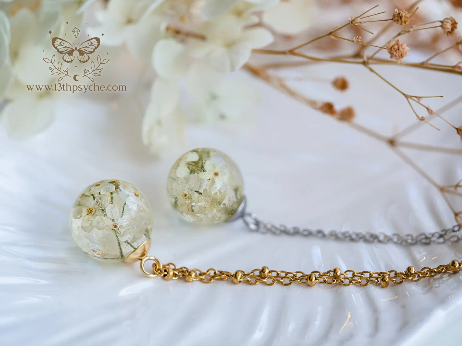 White forget me not flowers orb pendant necklace