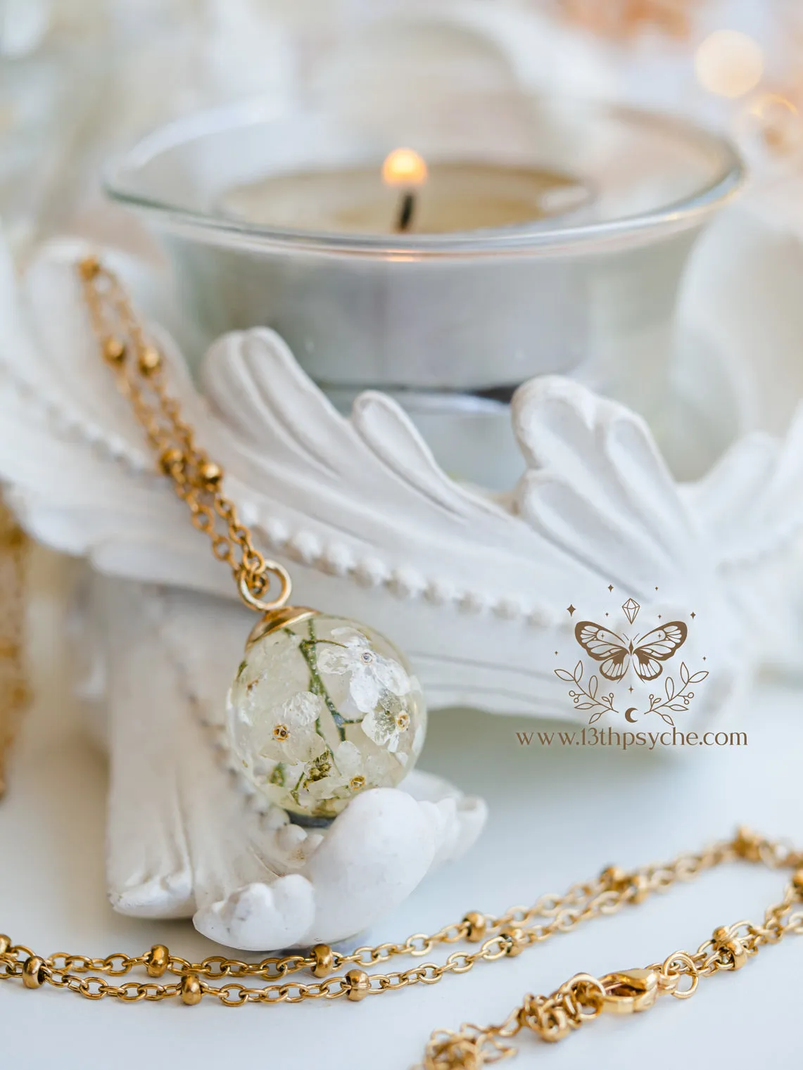 White forget me not flowers orb pendant necklace