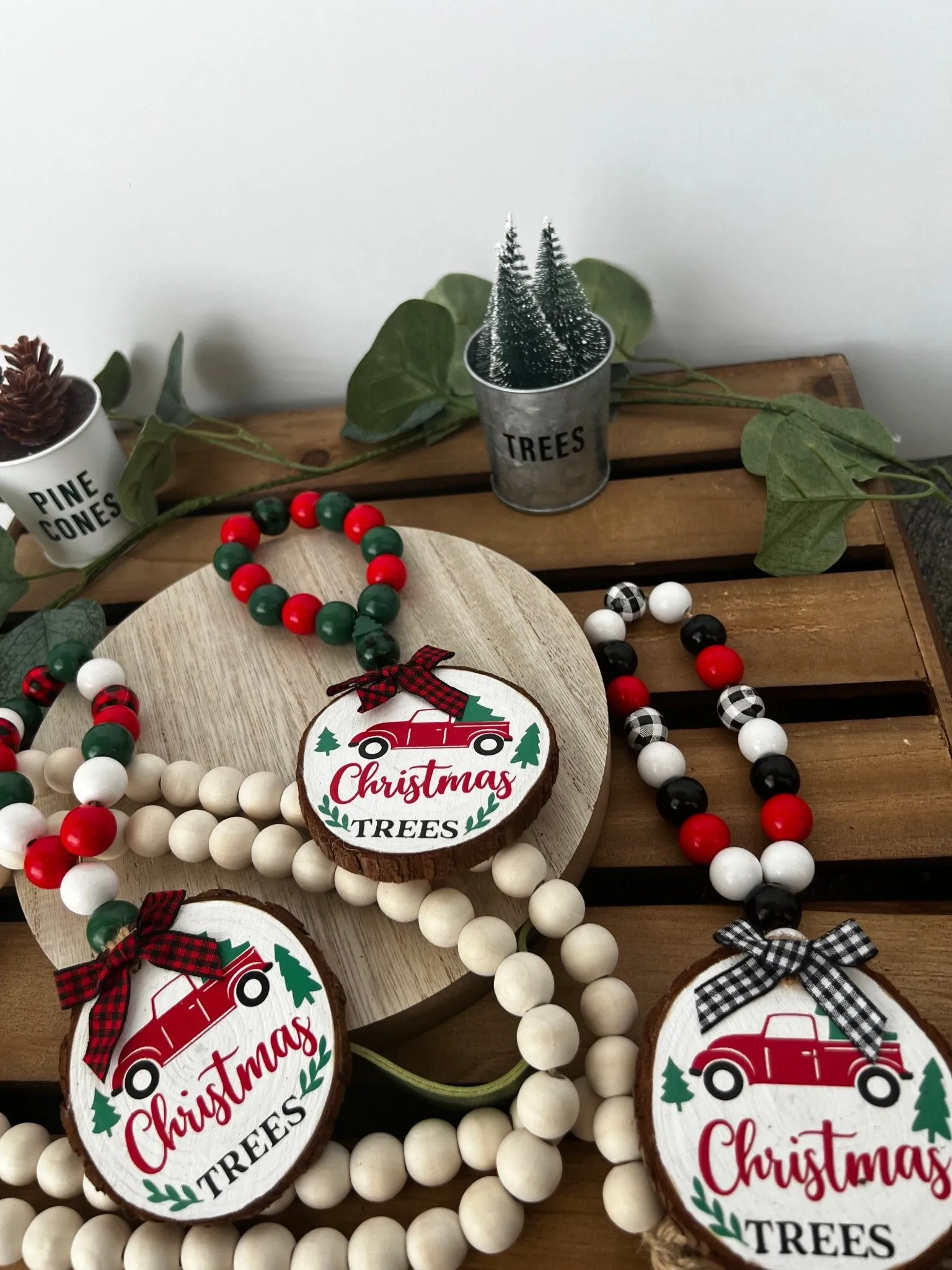 Wine Bottle Gift Hang Tag with Wood Bead - Iconic Red Truck Christmas Tree