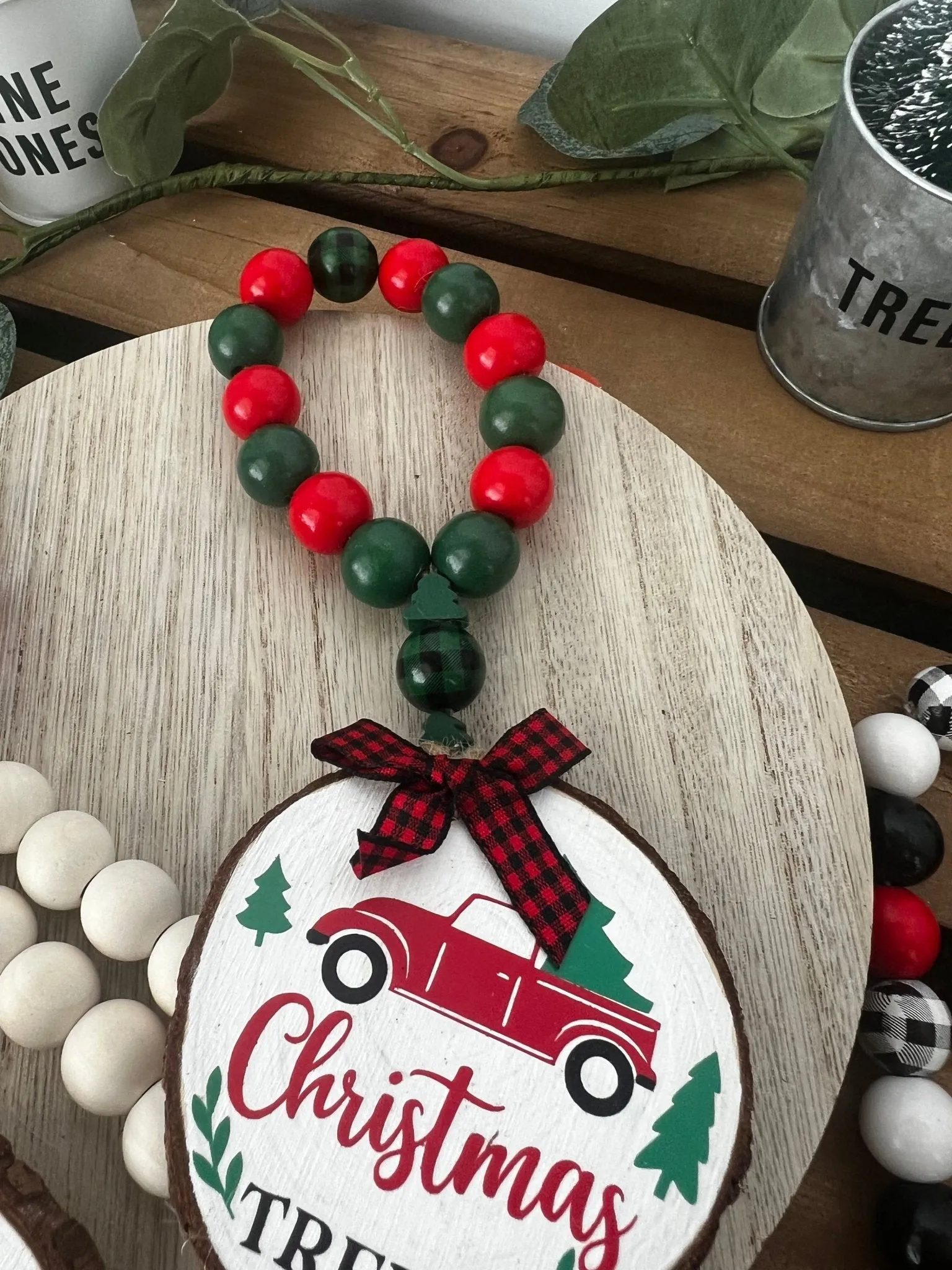 Wine Bottle Gift Hang Tag with Wood Bead - Iconic Red Truck Christmas Tree