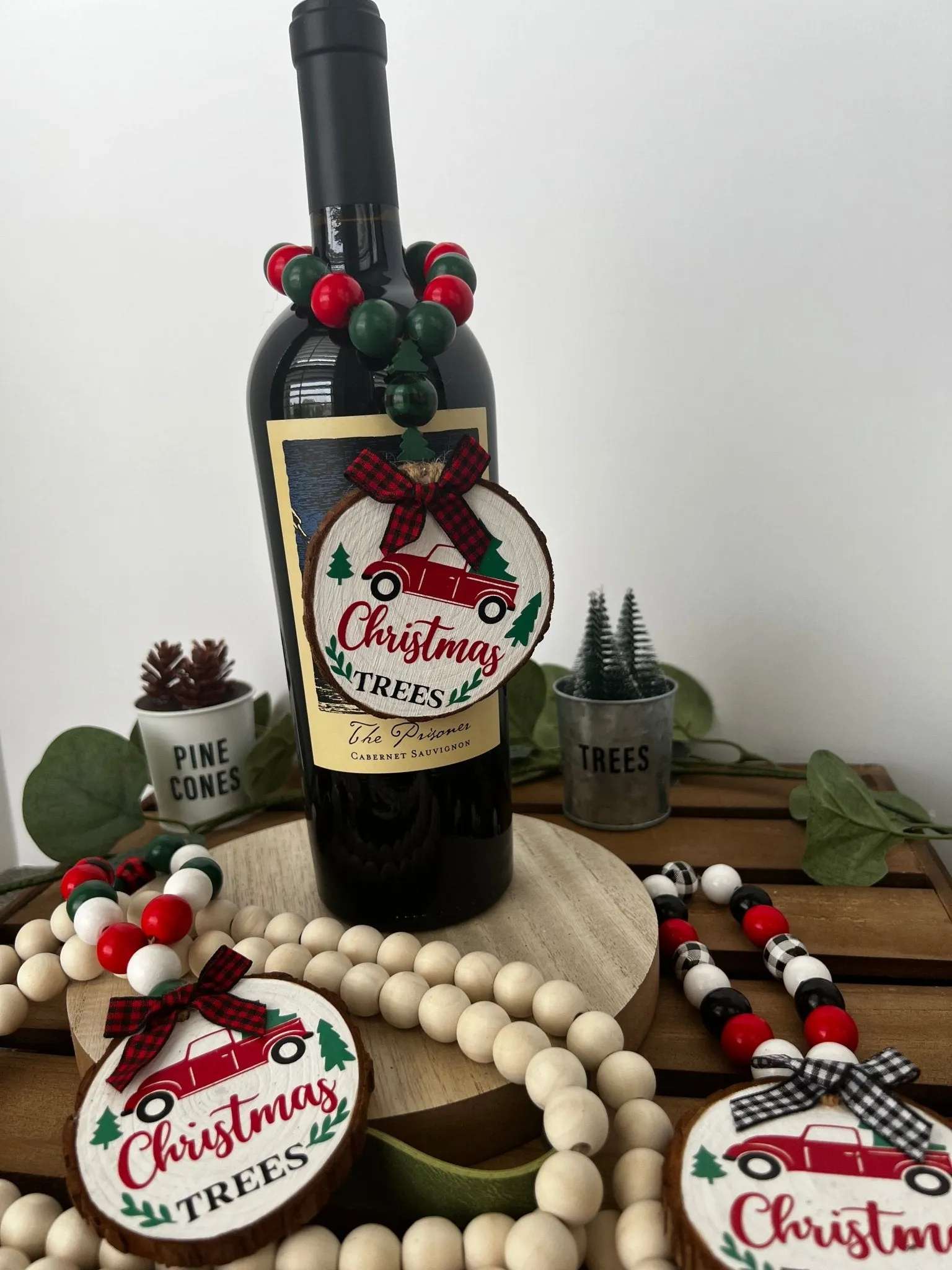 Wine Bottle Gift Hang Tag with Wood Bead - Iconic Red Truck Christmas Tree