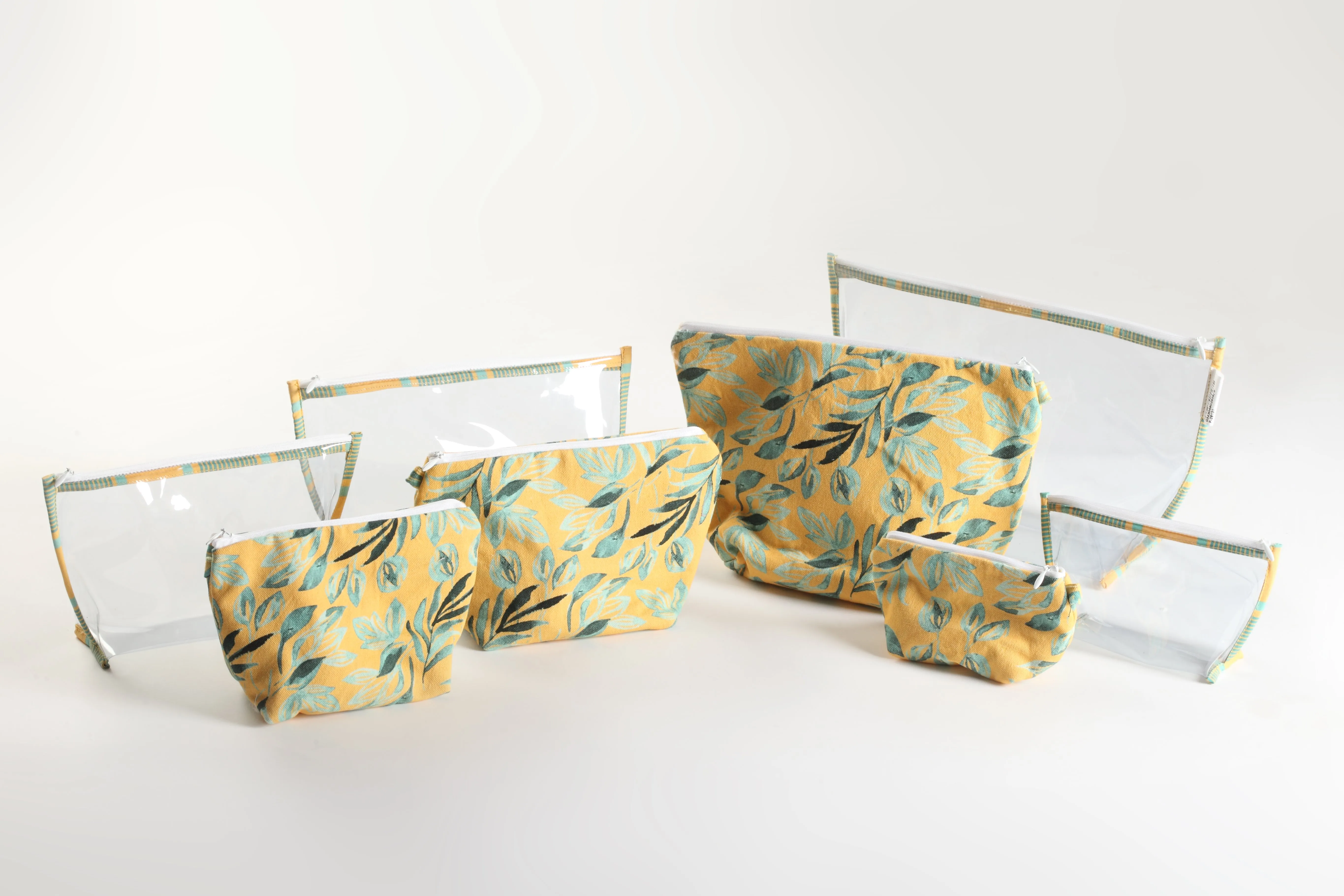 Yellow and Aqua Floral Printed Multi-utility Pouches | Set of 8